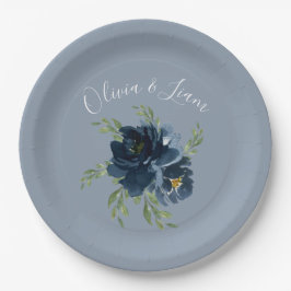 Plato De Papel Dusty Blue Floral Moderno Script Nombre elegante