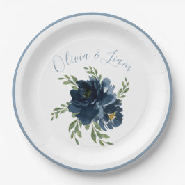 Plato De Papel Dusty Blue Floral Moderno Script Nombre elegante