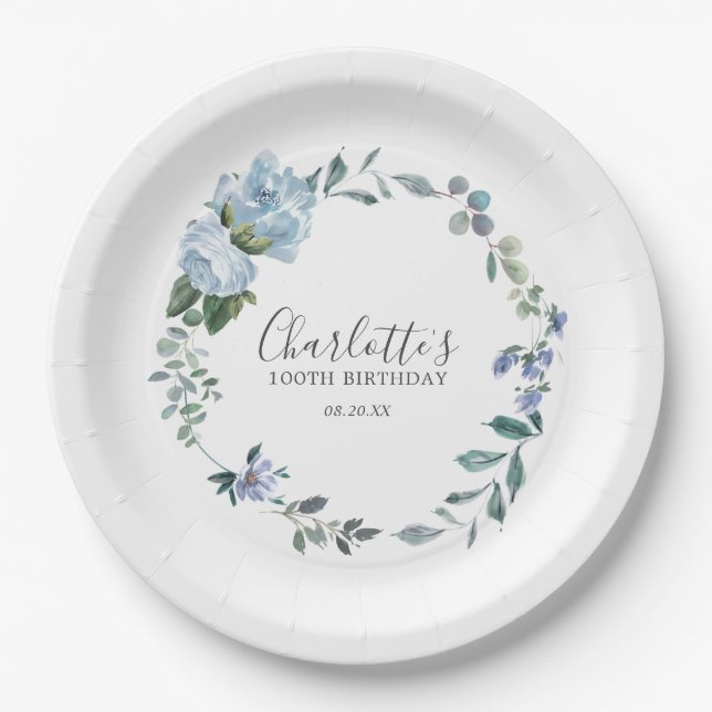 Plato De Papel Dusty Blue Floral Personalizado 100 cumpleaños Per (Anverso)