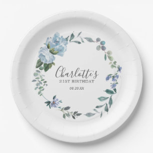 Plato De Papel Dusty Blue Floral Personalizado 21ª Personalizado