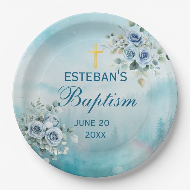 Plato De Papel Dusty Blue Floral Rose (Anverso)