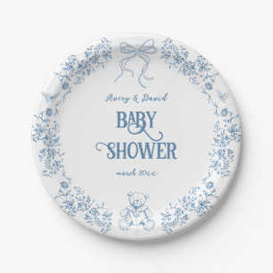 Plato De Papel Dusty Blue Floral Vintage Teddy Bear Baby Shower