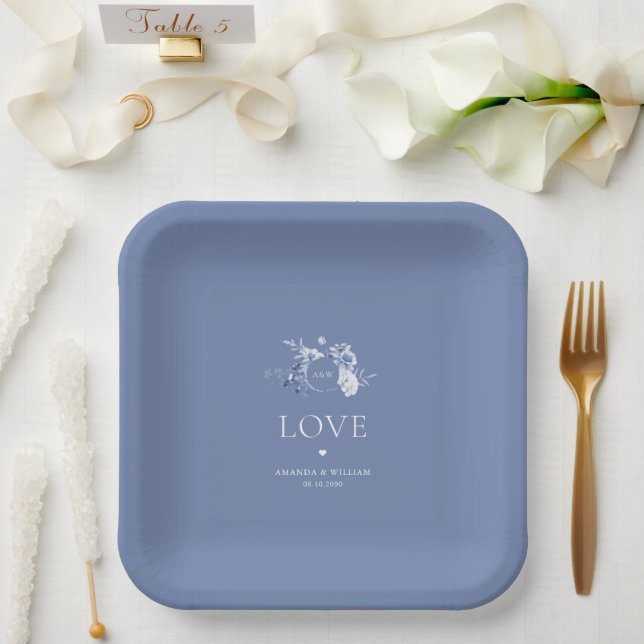 Plato De Papel Dusty Blue Floral Wedding Paper Plates (Boda)