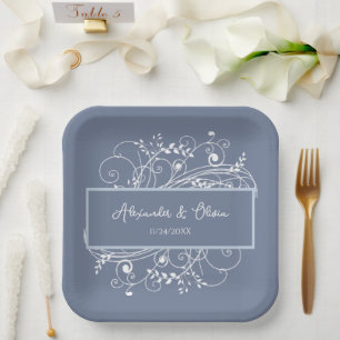 Plato De Papel Dusty Blue Flourish Wedding Ducha Placas de papel