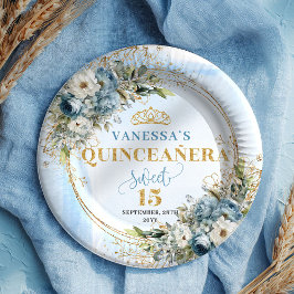Plato De Papel Dusty Blue Flowers Greenery Gold Quince Plates