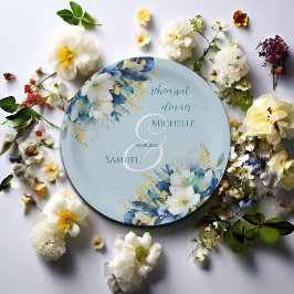 Plato De Papel Dusty Blue Gold Purpurina Ensayos Florales Cena