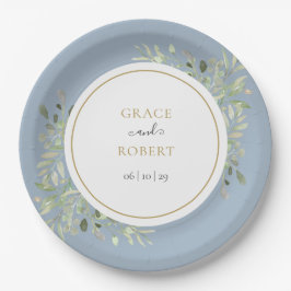 Plato De Papel Dusty Blue Greenery Foliage Gold Boda