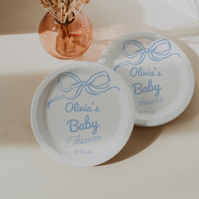 Plato De Papel Dusty Blue Hand Written Bow Baby Boy Shower (Subido por el creador)