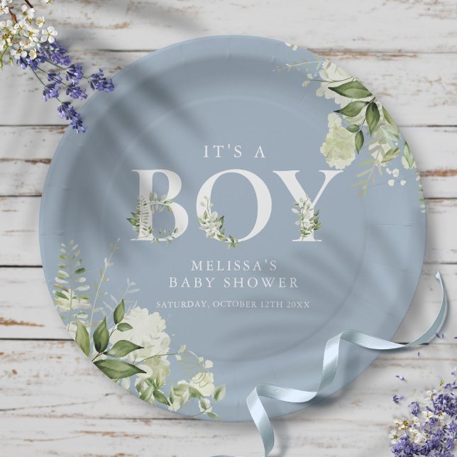 Plato De Papel Dusty Blue It A Boy Greenereneration Letter Baby S (Dusty Blue Its A Boy Greenery Letter Baby Shower Paper Plates)