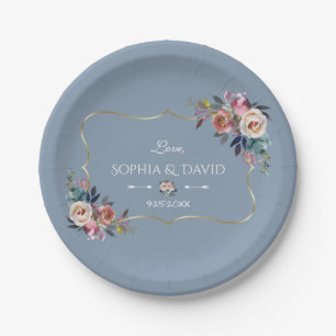 Plato De Papel Dusty Blue Misty Rosa Flores Boda de oro