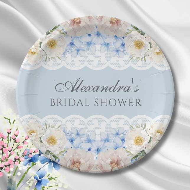Plato De Papel Dusty Blue Peony Hydrangea Bridal Shower (Subido por el creador)