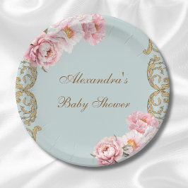 Plato De Papel Dusty Blue Peony Rococo Pink Floral Baby Shower