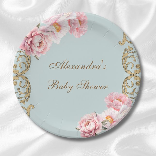 Plato De Papel Dusty Blue Peony Rococo Pink Floral Baby Shower (Subido por el creador)