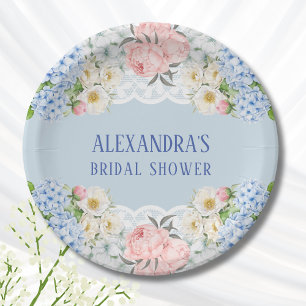 Plato De Papel Dusty Blue Peony Romantic Hydrangea Bridal Shower