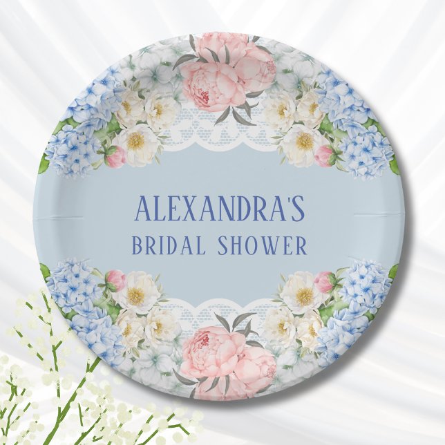 Plato De Papel Dusty Blue Peony Romantic Hydrangea Bridal Shower (Subido por el creador)