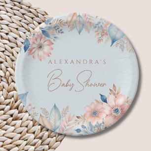 Plato De Papel Dusty Blue Pink Floral Boho Moda Baby Shower