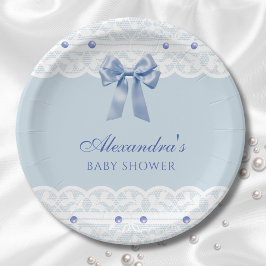 Plato De Papel Dusty Blue Regency Pearl Satin Bow Baby Shower