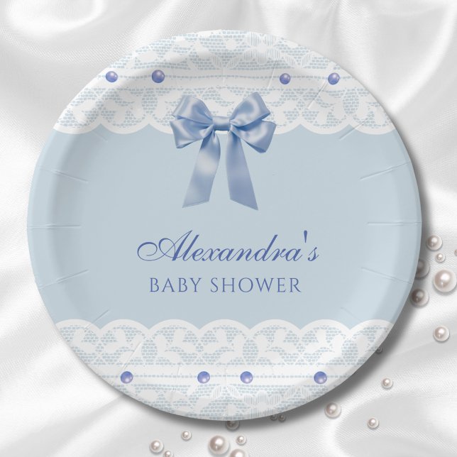 Plato De Papel Dusty Blue Regency Pearl Satin Bow Baby Shower (Subido por el creador)