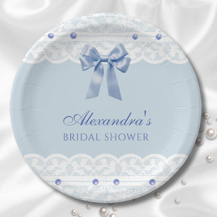 Plato De Papel Dusty Blue Regency Pearl Satin Bow Bridal Shower