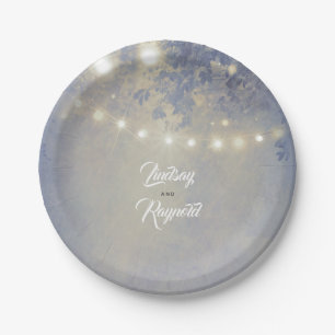 Plato De Papel Dusty Blue Rustic String Lights Boda