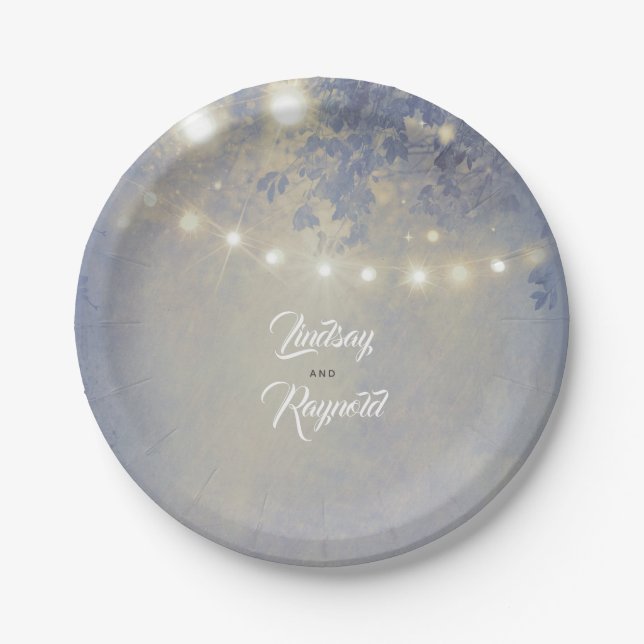 Plato De Papel Dusty Blue Rustic String Lights Boda (Anverso)