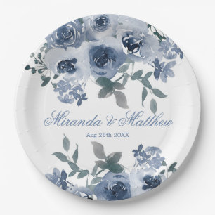 Plato De Papel Dusty Blue Sage Watercolor Peony Boda