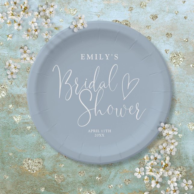 Plato De Papel Dusty Blue Script Caligrafía Despedida de Soltera (Dusty Blue Script Calligraphy Bridal Shower Paper Plates)