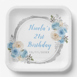 Plato De Papel Dusty Blue Silver Elegant Flowday Party