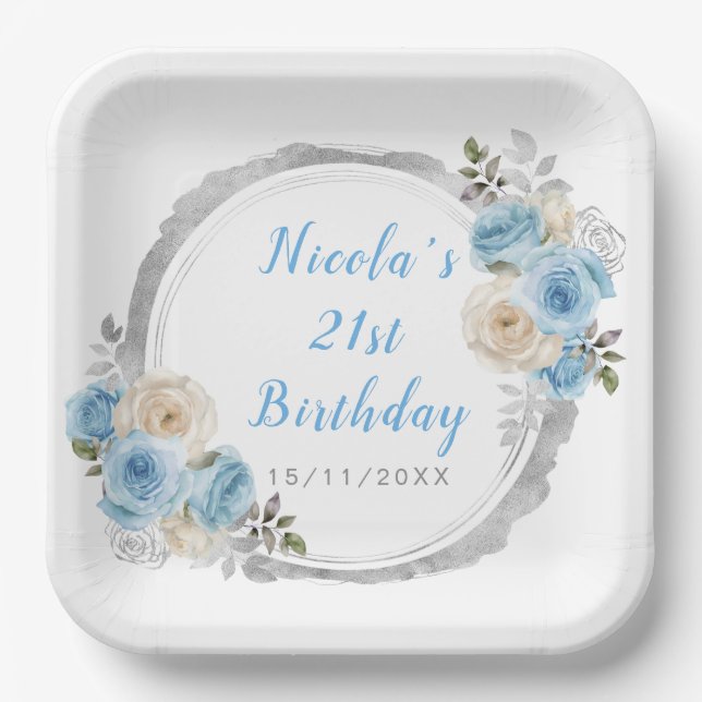 Plato De Papel Dusty Blue Silver Elegant Flowday Party (Anverso)
