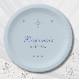 Plato De Papel Dusty Blue Simple Cross Christian Baptism