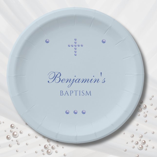 Plato De Papel Dusty Blue Simple Cross Christian Baptism (Subido por el creador)