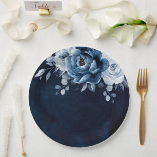 Plato De Papel Dusty Blue Slate Navy Floral Boda Botánico Pap