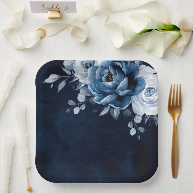 Plato De Papel Dusty Blue Slate Navy Floral Boda Botánico Pap (Boda)