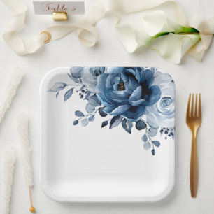 Plato De Papel Dusty Blue Slate Navy Floral Boda Botánico Pap