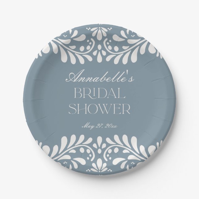 Plato De Papel Dusty Blue Talavera Tile Fiesta Bridal Ducha (Anverso)