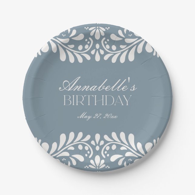 Plato De Papel Dusty Blue Talavera Tile Fiesta Cumpleaños (Anverso)