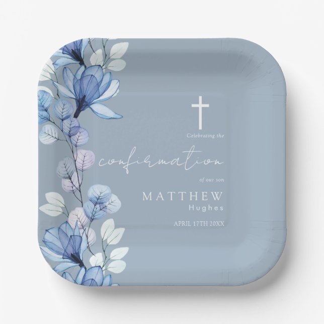 Plato De Papel Dusty Blue Transparent Floral Confirmation (Anverso)
