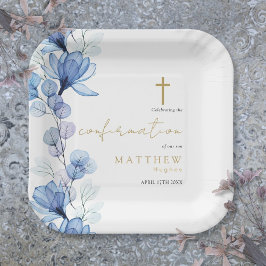 Plato De Papel Dusty Blue Transparent Floral Confirmation