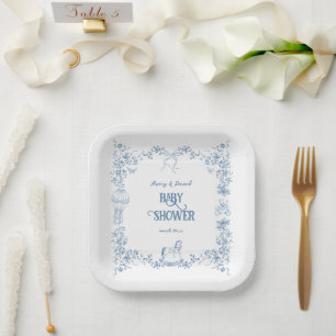 Plato De Papel Dusty Blue Whimsical Floral Baby Shower