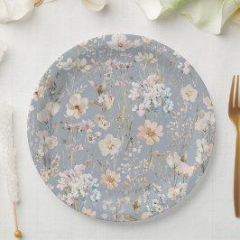 Plato De Papel Dusty Blue Wildflower Baby Shower 