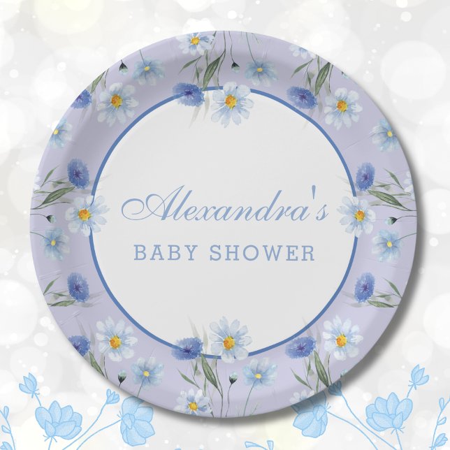 Plato De Papel Dusty Blue Wildflower Boho Baby Shower (Subido por el creador)