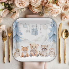 Plato De Papel Dusty Blue Woodland Adventure Awaits Baby Shower