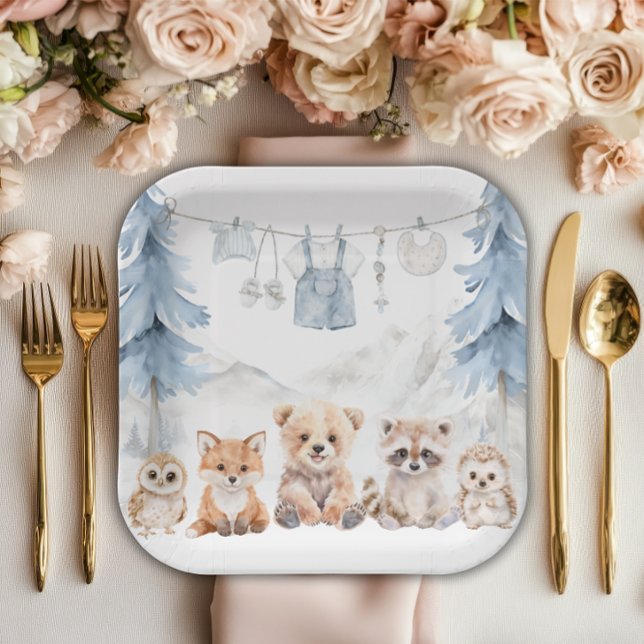 Plato De Papel Dusty Blue Woodland Adventure Awaits Baby Shower (Subido por el creador)