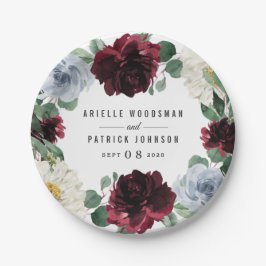 Plato De Papel Dusty Blue y Burgundy Cranberry Fall