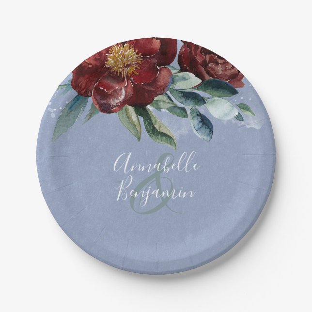 Plato De Papel Dusty Blue y Cranberry Burgundy Boda (Anverso)