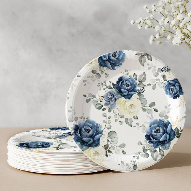 Plato De Papel Dusty Marina Azul Champagne Boda de marfil (Dusty Blue Navy Champagne Ivory Floral Wedding Pap Paper Plates)