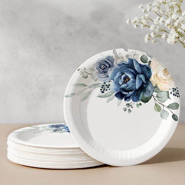 Plato De Papel Dusty Marina Azul Champagne Boda de marfil (Dusty Blue Navy Champagne Ivory Floral Wedding Paper Plates)