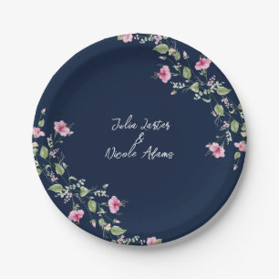 Plato De Papel Dusty Navy Blue Pink Hibiscus Bloom Shower