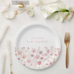 Plato De Papel Dusty Pink Boho Wildflowers Baby Shower