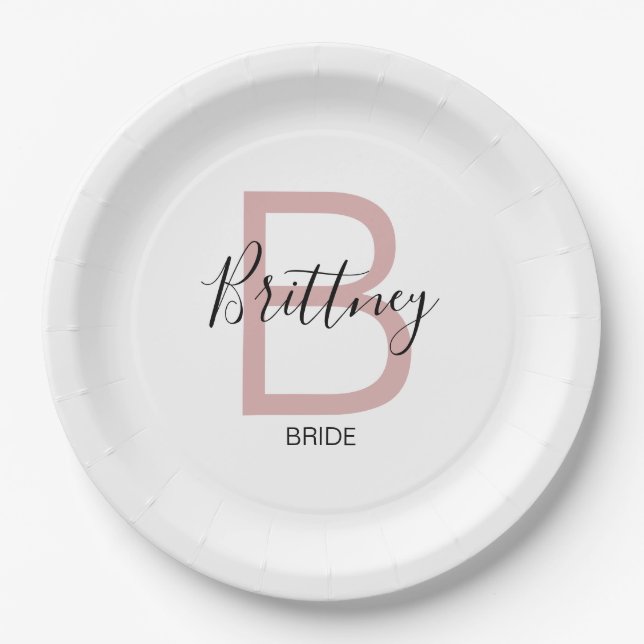 Plato De Papel Dusty Pink Bride Monogram (Anverso)